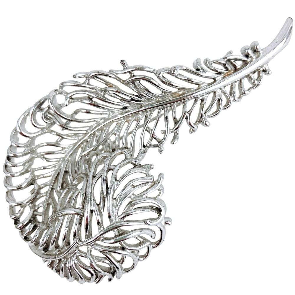 VTG Signed SAC Mid Century Brooch Silver Tone Openwork Feather Leaf